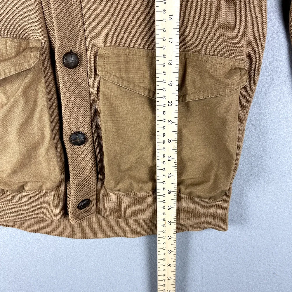 French Connection Safari Cardigan Sweater Mens Medium Tan Shawl Collar Cotton